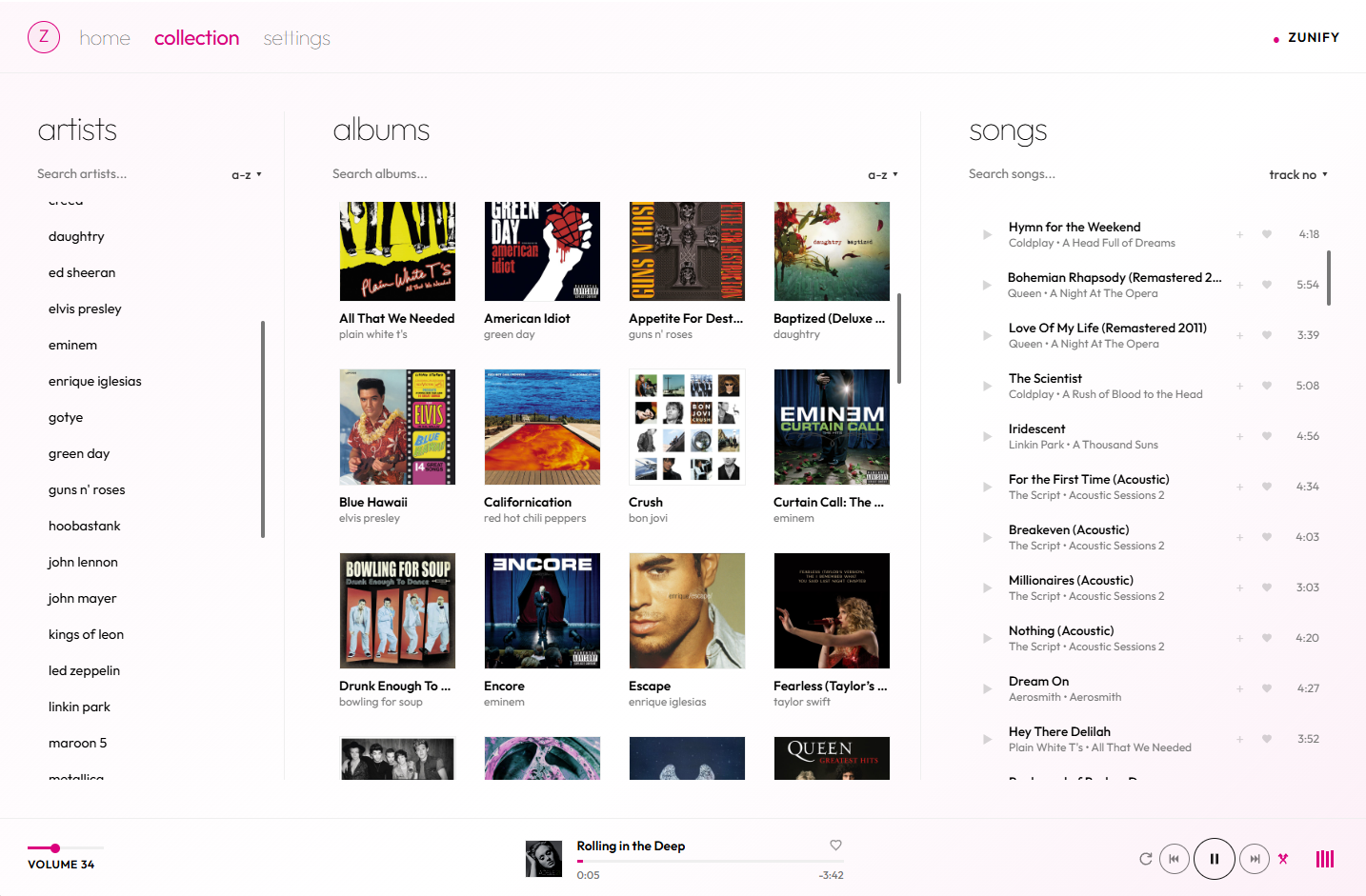 Zunify collection with artist, album and song columns