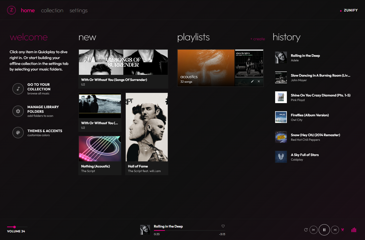 Zunify Quickplay home screen with new albums, playlists and history