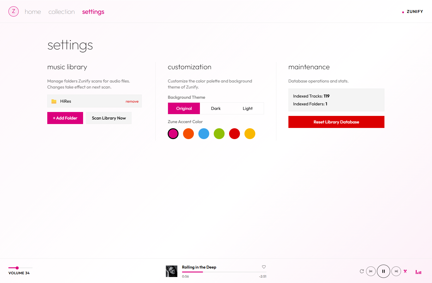 Zunify settings with music folders, themes and accents
